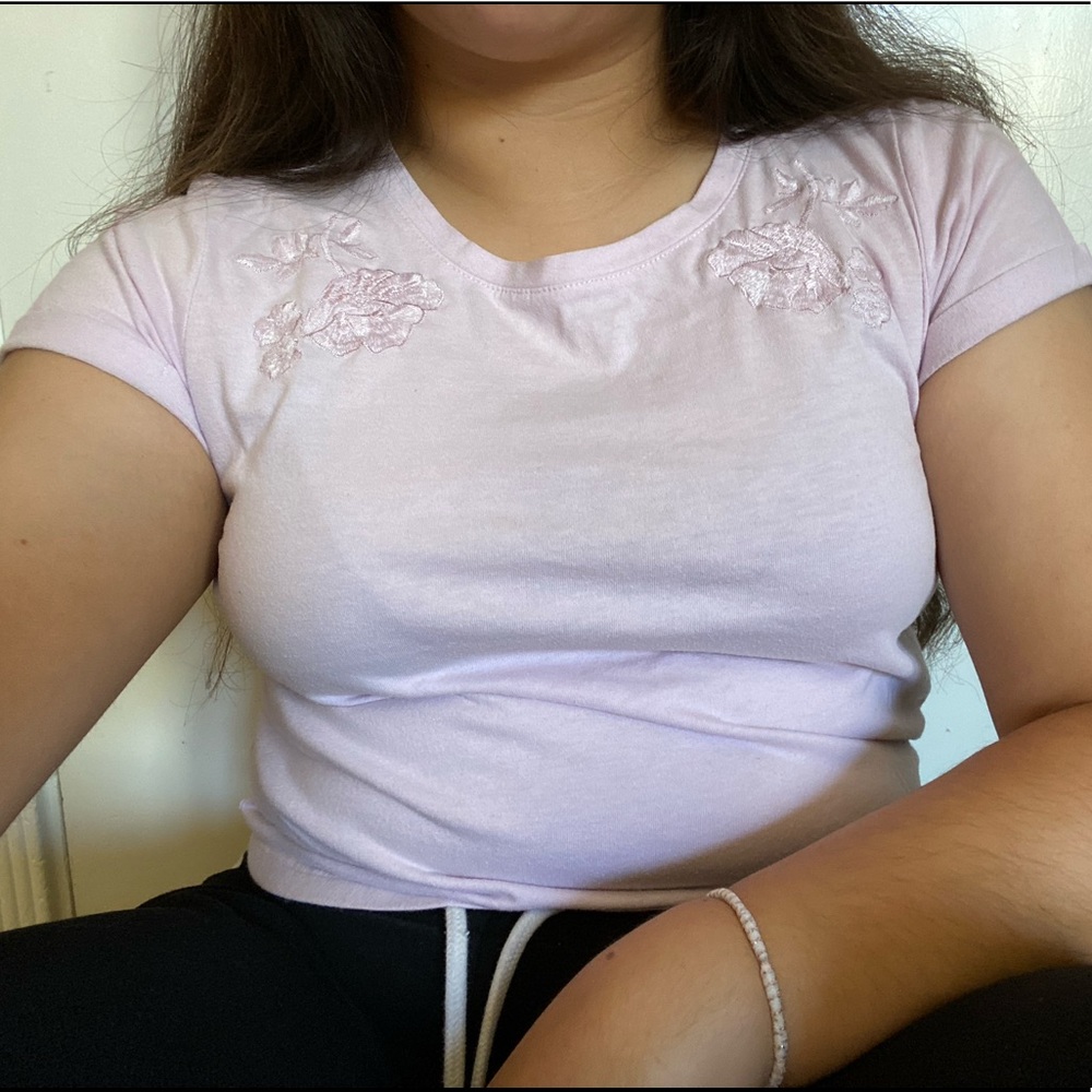 lilac cropped top with embroidered flowers
